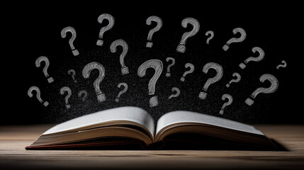 Open book with floating question marks against a dark background on a wooden table
