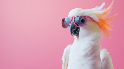Funny white cockatoo parrot wearing stylish sunglasses on solid pink background, tropical summer vacation concept with cute pet bird, perfect for web banners, birthday party cards, and fun animal invi