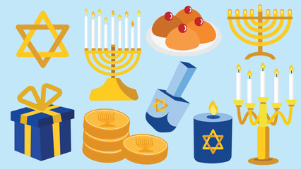 happy Hanukkah holiday elements symbol sign  illustration set collection of menorah, Dreidel,Star of David, candles lights, Gelt, Sufganiyot,,Sufganiyot, Jewish culture, Jewish holiday, Festival of Li