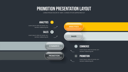 Company Growth 4 Element Infographic Slide Design. Product Review Four Step Diagram Presentation Layout. Consulting Analysis Frame Template Vector Illustration.