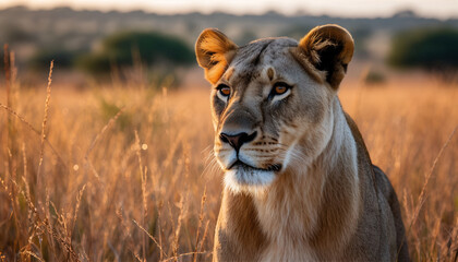 Obraz premium Majestic Lioness Portrait in Golden African Savanna Sunset