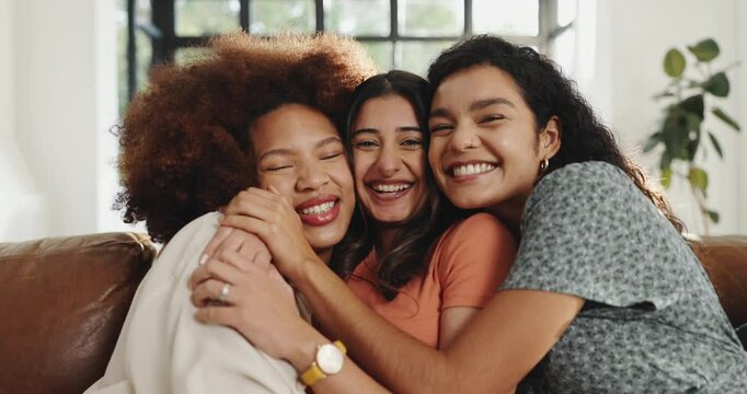 Face, women and friends hug at house with smile, reunion and bonding together. Portrait, people and laughing with embrace for friendship, affection and connection for social gathering in living room