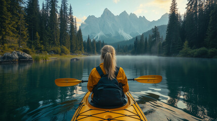 Woman in a yellow jacket with a backpack paddles a yellow kayak on a still mountain lake surrounded by pine forest and alpine peaks under soft morning light and calm reflections