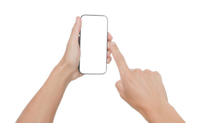 Man with modern smartphone on white background, closeup. Mockup for design