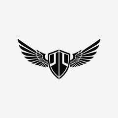 Stylized black and white logo with shield and symmetrical wings. A modern, bold emblem symbolizing strength, protection, and freedom with a clean, striking design.