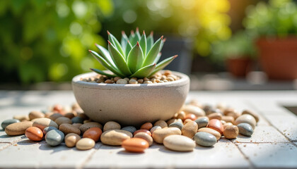 Colored pebbles with potted succulent plant in bright garden setting  