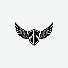 Stylized black and white logo with shield and symmetrical wings. A modern, bold emblem symbolizing strength, protection, and freedom with a clean, striking design.