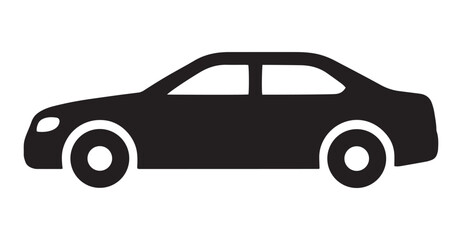 Black Sedan Car Silhouette Side View Icon. Four-Door Passenger Vehicle Profile Graphic.