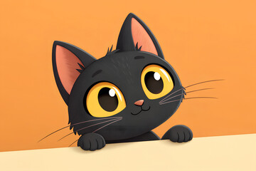 ute Cartoon Black Cat with Big Eyes on Orange Background