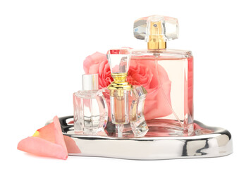 Many different perfume bottles and rose isolated on white