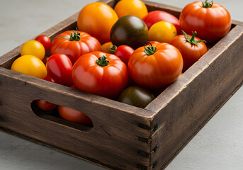 Assorted colorful tomatoes in wooden crate