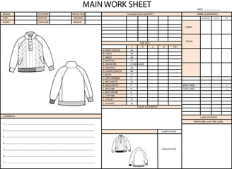 RAGLAN HIGH-NECK LONG SLEEVE FRONT PART DESIGN SPEC SHEET ILLUSTRATION FOR FASHION DESIGN