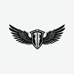 Stylized black and white logo with shield and symmetrical wings. A modern, bold emblem symbolizing strength, protection, and freedom with a clean, striking design.