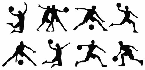ACollection of black sports silhouette. Figures athletes engaged in diverse sporting activities like basketball, volleyball, and possibly soccer on white background.