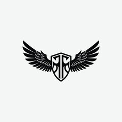 Stylized black and white logo with shield and symmetrical wings. A modern, bold emblem symbolizing strength, protection, and freedom with a clean, striking design.