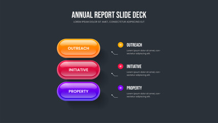 Visual Development 3 Option Diagram Presentation Design. Investor Briefing Three Step Infographic Slide Layout. Business Insight Slideshow Template Vector Illustration.