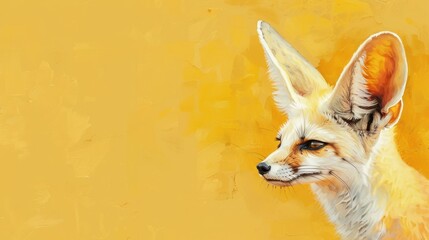 Fototapeta premium Desert Fox Portrait Close-up on Warm Yellow Background with Copy Space, Wild Animal Illustration, Nature Wildlife Art, Detailed Fox Face, Desert Wildlife Concept