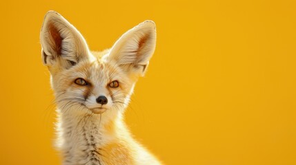 Fototapeta premium Desert Fox Close-Up Portrait with Intense Eyes and Warm Yellow Background, Wild Animal Photography with Copy Space, Wildlife Nature, Fox Face Detail