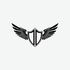 Stylized black and white logo with shield and symmetrical wings. A modern, bold emblem symbolizing strength, protection, and freedom with a clean, striking design.