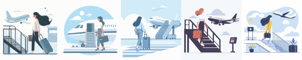vector of a woman boarding a plane