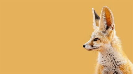 Fototapeta premium Desert Fox Profile with Intense Gaze and Soft Fur Texture on Warm Yellow Background, Wildlife Animal Portrait with Copy Space, Nature Photography
