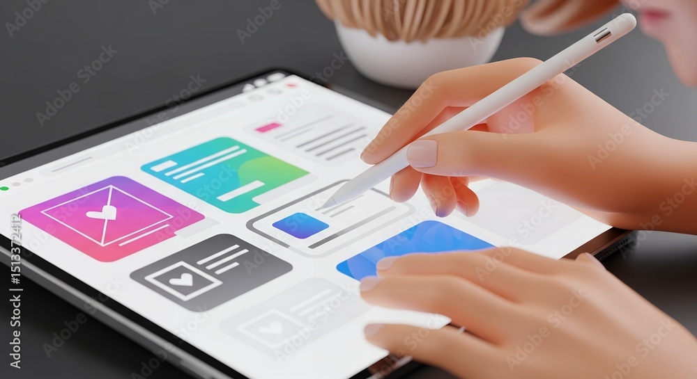 Poster modern ui design: woman using tablet with colorful app interface, digital illustration