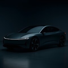 Futuristic concept car under moody studio lighting sleek electric vehicle design