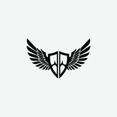 Stylized black and white logo with shield and symmetrical wings. A modern, bold emblem symbolizing strength, protection, and freedom with a clean, striking design.