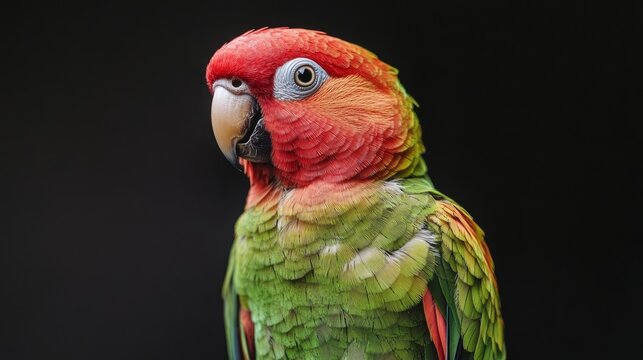Vibrant close-up portrait of red and green conure parrot with colorful plumage and sharp beak, captured in natural light for exotic bird wildlife and tropical animal themes