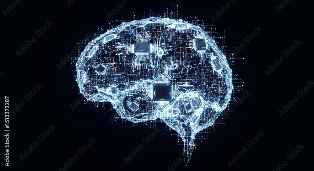 Poster futuristic brain circuitry: abstract ai neural network concept, digital brain with microchips, techn
