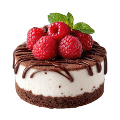 Round, miniature cheesecake topped with fresh raspberries and chocolate drizzle
