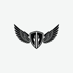 Stylized black and white logo with shield and symmetrical wings. A modern, bold emblem symbolizing strength, protection, and freedom with a clean, striking design.