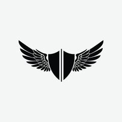 Stylized black and white logo with shield and symmetrical wings. A modern, bold emblem symbolizing strength, protection, and freedom with a clean, striking design.