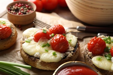 Tasty stuffed mushrooms served on table, closeup