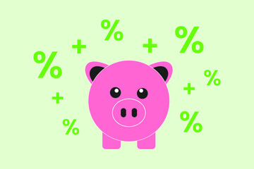 Cute piggy bank with percent sign and plus symbol. Concept of saving, interest growth and banking.