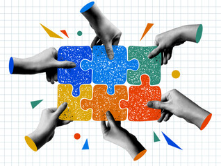 Concept of team building, teamwork. Halftone hands connect a puzzle in doodle style. Modern collage. Team, partnership metaphor. People connecting jigsaw puzzle elements. Pop art infographic