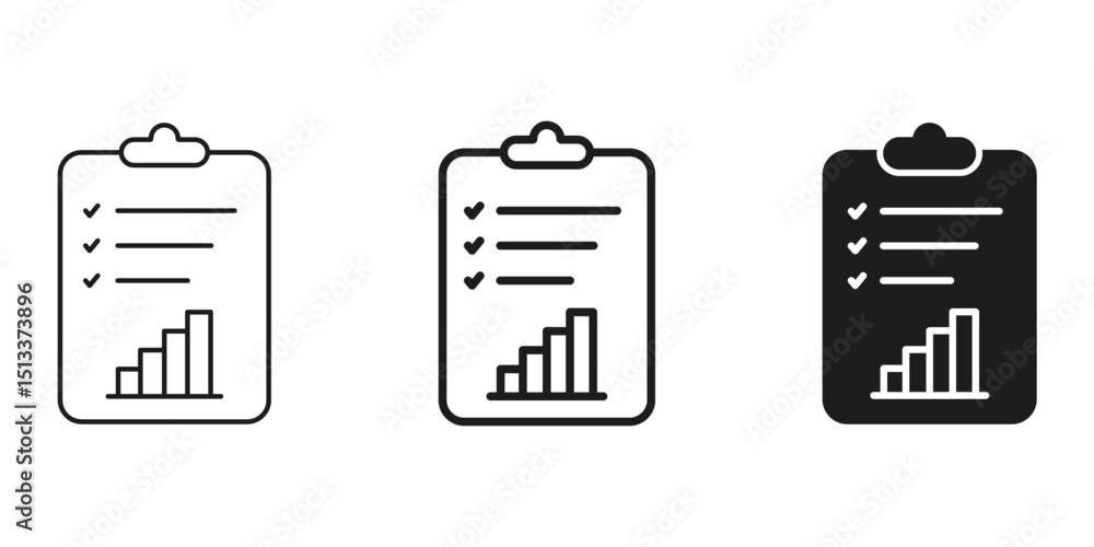Poster clipboard with checklist and bar graph line and solid icon set. task management, progress tracking, 