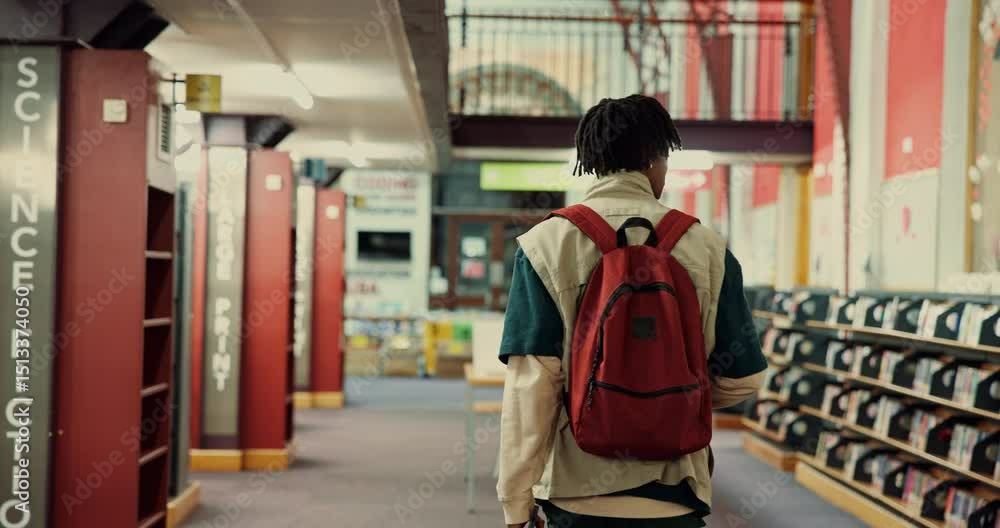 Aufkleber man, college and student walking in library for study material, textbook search and knowledge. back,