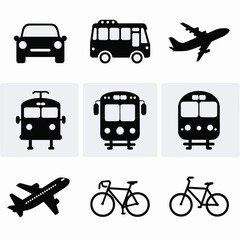 Black silhouette transportation icons illustrating various modes of travel on white