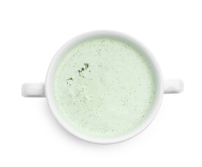 Tasty cucumber soup isolated on white, top view