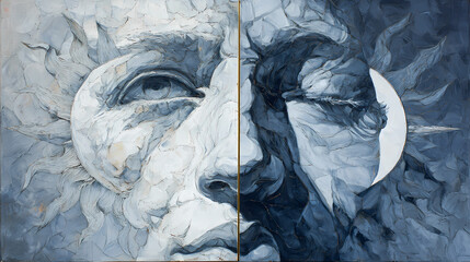 conceptual cover for art magazine | identity duality | reflective trauma | blue-grey monochrome | visual compression | sun and crescent moon | flattened anatomy | dual perspective modeling |