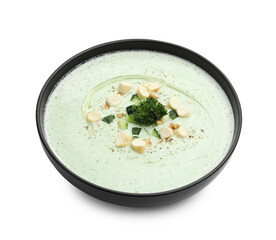 Tasty cucumber soup with croutons and broccoli isolated on white