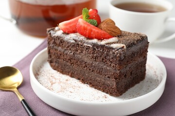 Piece of delicious chocolate cake with strawberry, almonds and tea on table, closeup