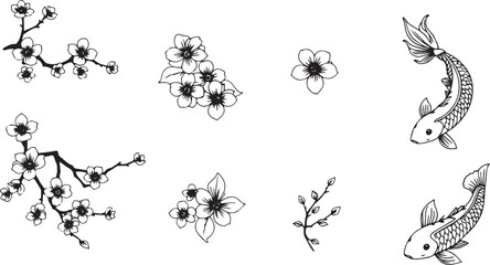 A set of Japanese decorative elements for flat design.  Hand drawn vector illustration	