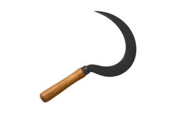 Traditional rice sickle isolated on transparent background. Metal blade with wooden handle, used harvesting crops. Perfect for agricultural designs, educational content, rural lifestyle, clipping path