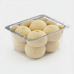 rasgulla in transparent container with sealed foil lid, macro texture , isolated on white background