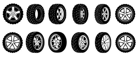 car wheels silhouette set isolated on transparent background