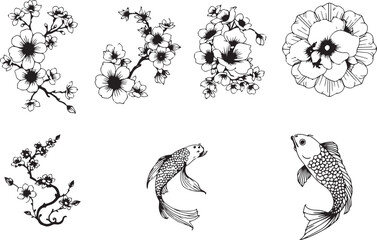 A set of Japanese decorative elements for flat design.  Hand drawn vector illustration	