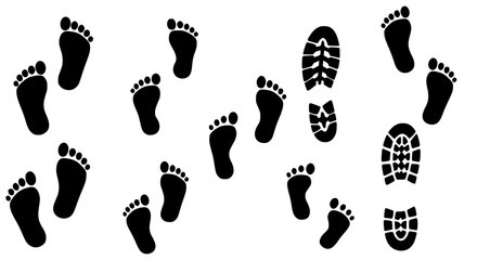 Collection of barefoot and shoe prints silhouette isolated on transparent background