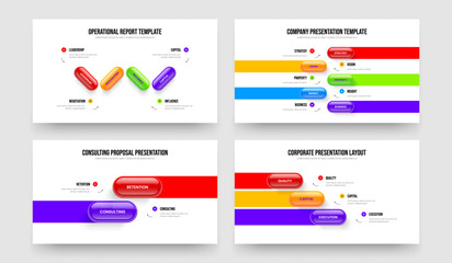 Service Strategy Four Five Two Three Element Infographic Presentation Layout Vector Illustration Bundle. Enterprise Visualization 4 5 2 3 Option Diagram Slide Template Set.